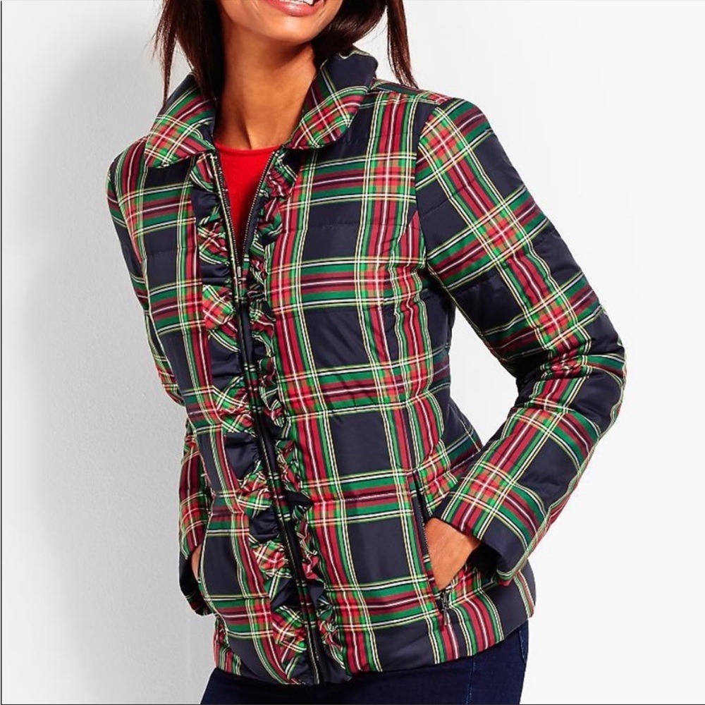 Talbots Tartan Plaid Ruffle Puffer Jacket